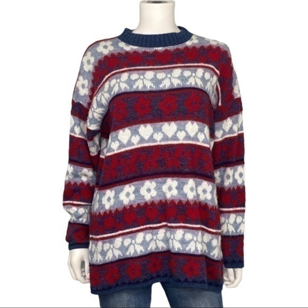 Huntington Ridge Vintage Retro Red White Blue Heart Floral Fair Isle Sweater M - Picture 2 of 6